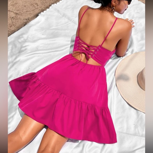 Boho lace up back ruffle hem cami dress - Picture 1 of 16